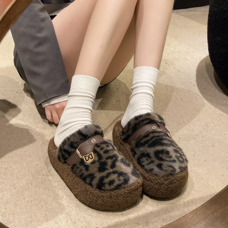 Winter New Baotou Slippers for Women Round Head Plush Deep Mouth Belt Buckle Anti-slip Wear-resistant Thick Sole Cotton Drag