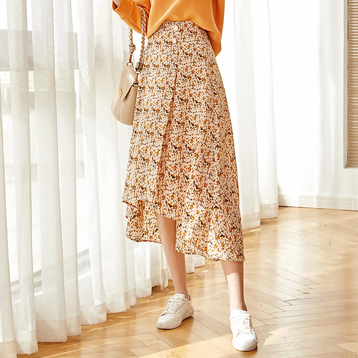 

OLrain Women's Floral Print Midi Skirt Autumn 2026 Elegant A Line Casual Asymmetrical Wrap Skirts Female Clothing O21CB35306