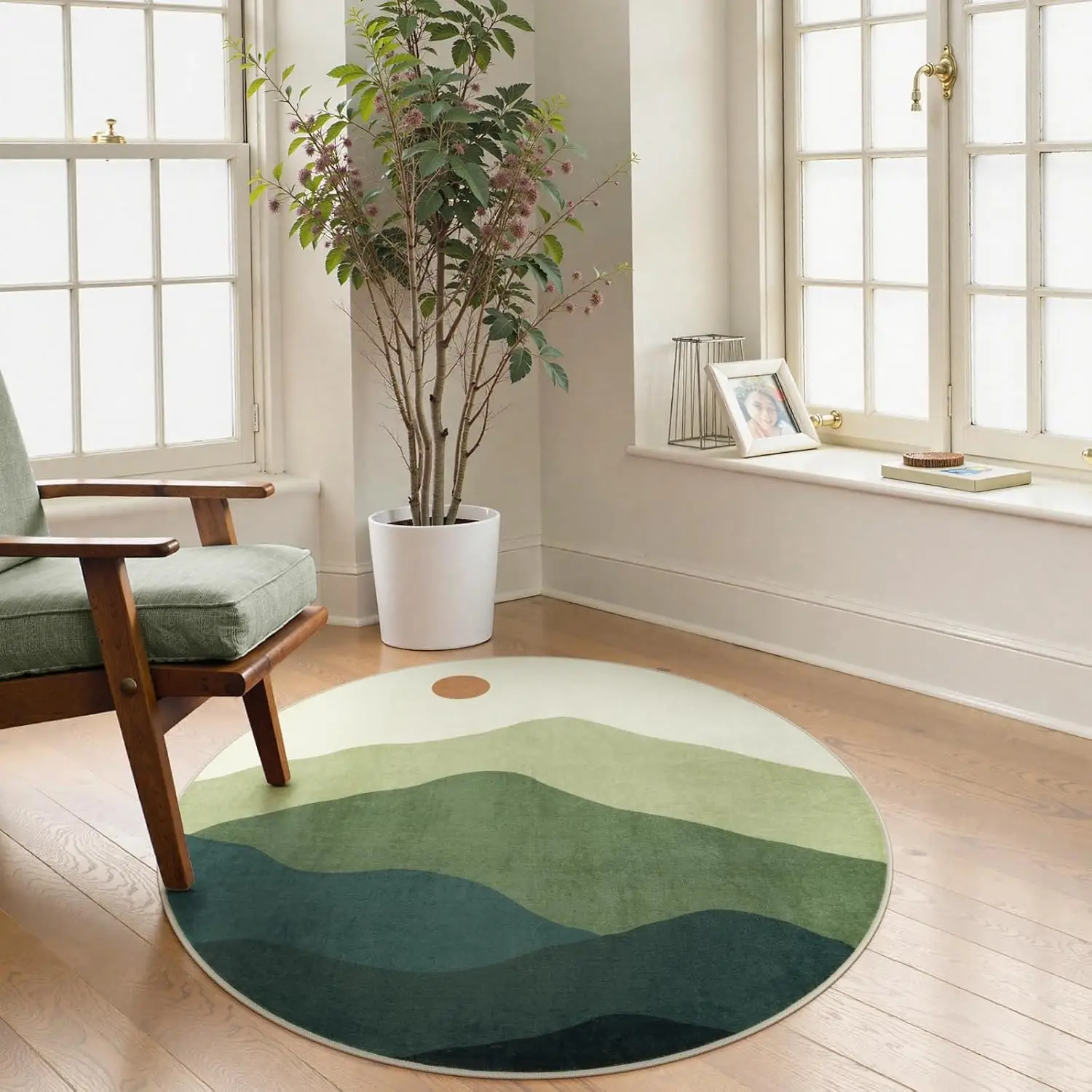 Non-Slip Abstract Mountain Round Rug – Low-Pile Throw Carpet for Bedroom, Kitchen & Entryway