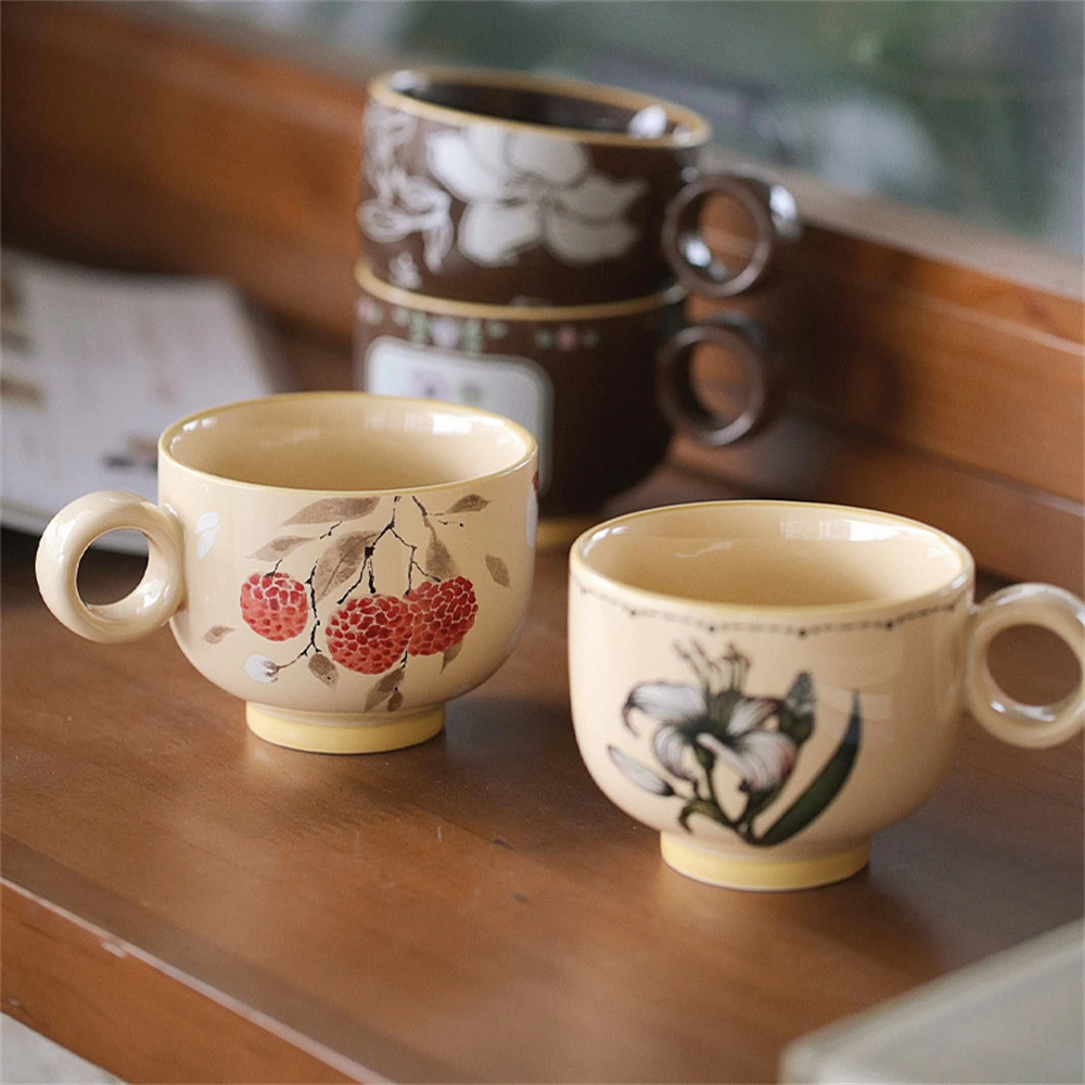 Creative New Chinese Mug High Color Value Kitchen Supplies Coffee Cup Latte Peony Lychee Lily Violet Printed Ceramic Cup 210ml