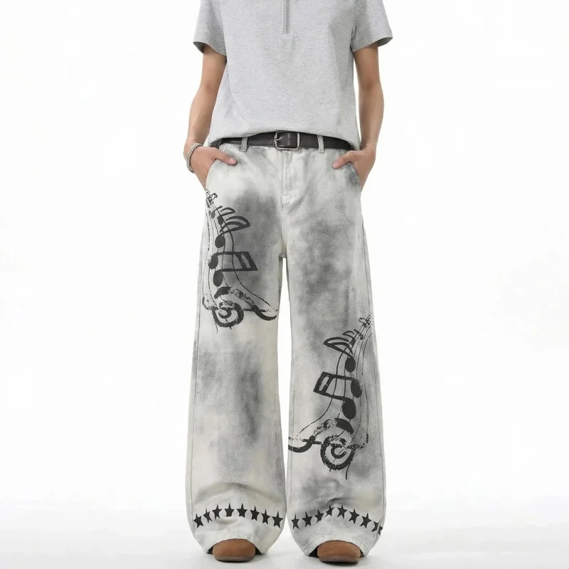 

2026 Summer Floral Season New Design American Style with Music Note Pattern Durable Washed Vintage Denim Pants with Wide Leg Cut