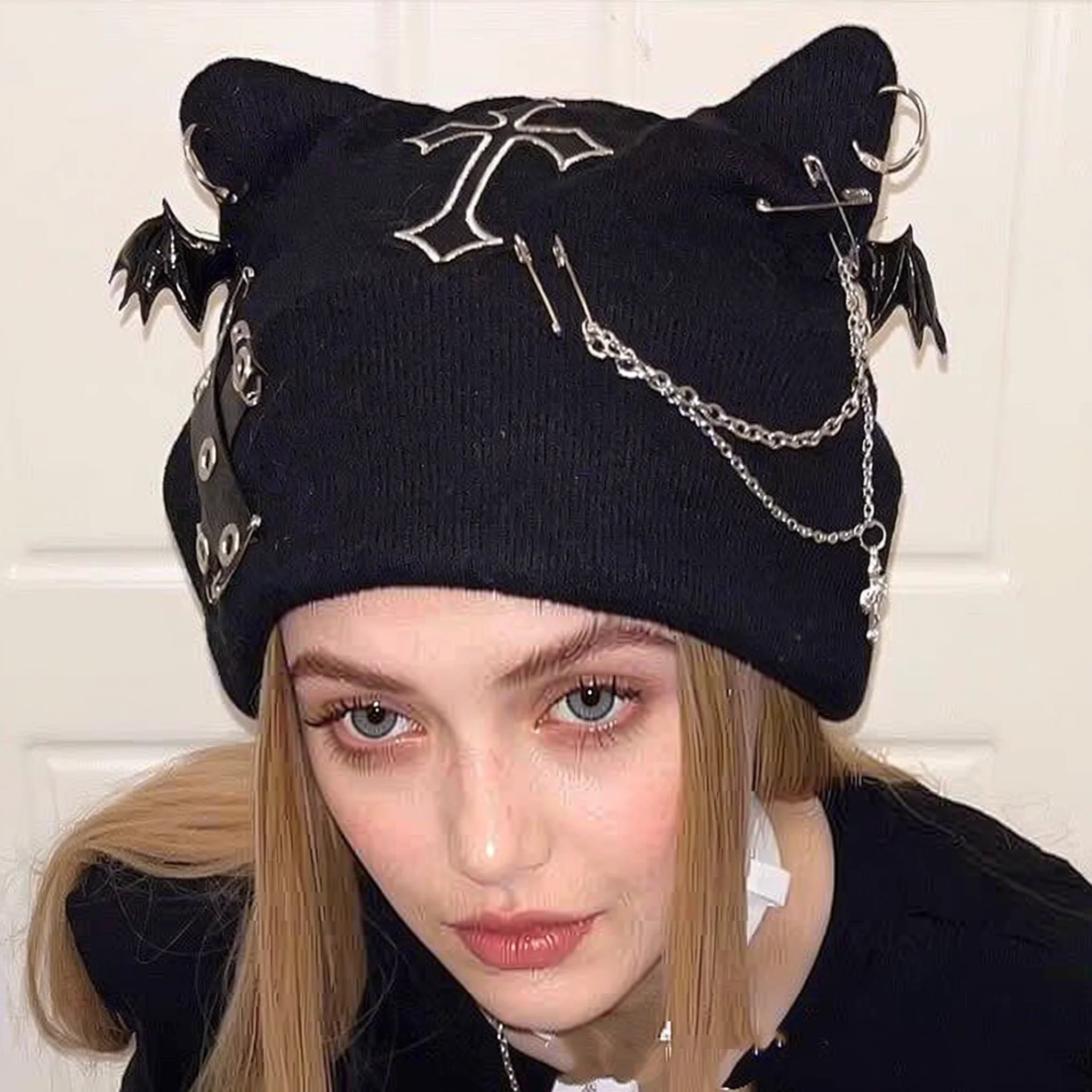 Gothic Cat-Ear Knitted Hat with Punk Cross Design, Warm Cool Subculture Winter Cap for Unisex Street Daily Party Outdoor Wear