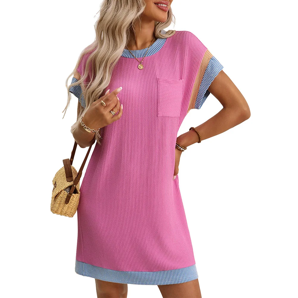 2025 New Women's Dresses Versatile Contrast Color Stripe Knit T Shirt Dress In Multiple Colors Female Short Sleeve Midi Dress