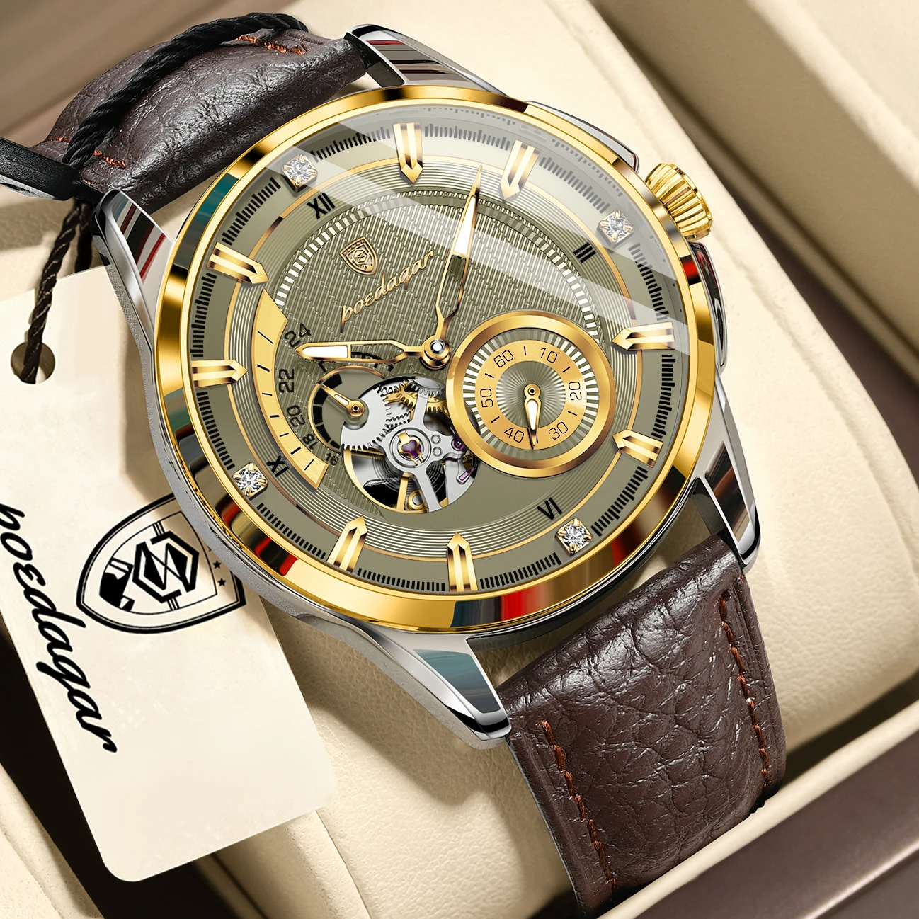 POEDAGAR Top Casual Men Watch Hollow Tourbillon Fashion Man Clock Automatic Mechanical Leather Business Men's Watches Male Reloj
