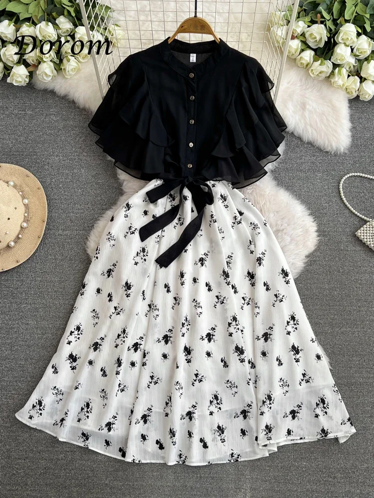 Vintage Black White Flower Dress Women Elegant Ruffled Lace-up Patchwork Dress Female Summer Korean Chiffon A-line Party Vestido