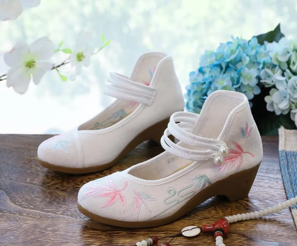 Women Ankle Button Strap Pumps Ethnic Embroidery Mary Jane Dress Shoes Mid Heel Cotton Fabric Espadrilles Vintage Sandals