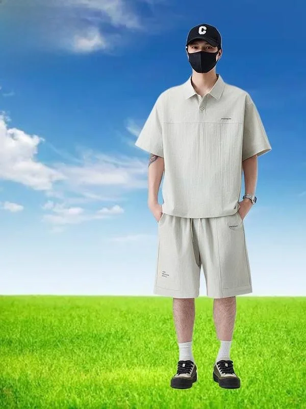 summer-loose-trendy-short-sleeve-t-shirt-set-men's-korean-style-casual-sports-shirt-and-shorts-set-polyester-blend-fabric