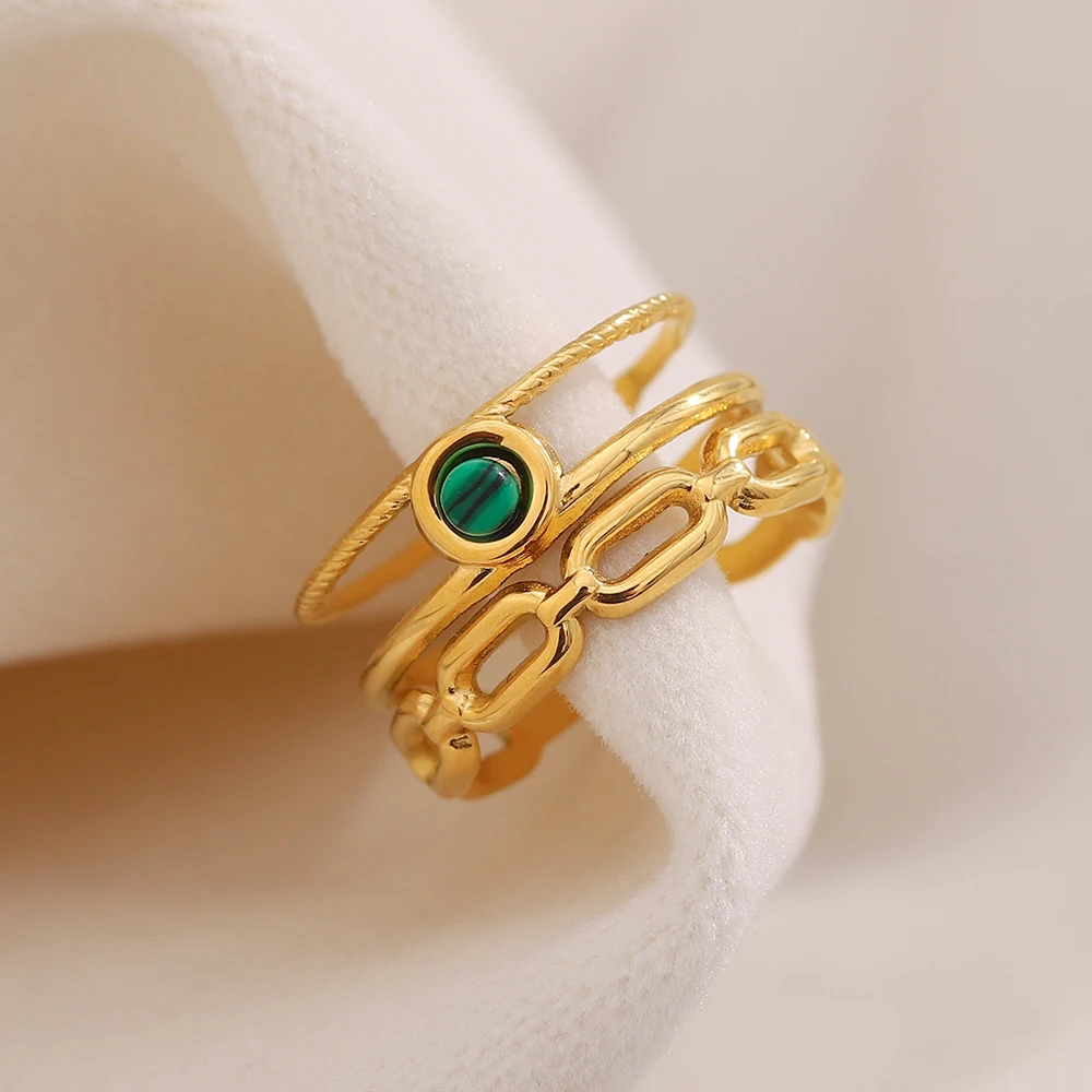 E.B.belle New Creative Natural Malachite Stone Ring 18K Gold Plated Stainless Steel Hypoallergenic Tarnish Free Finger Jewelry