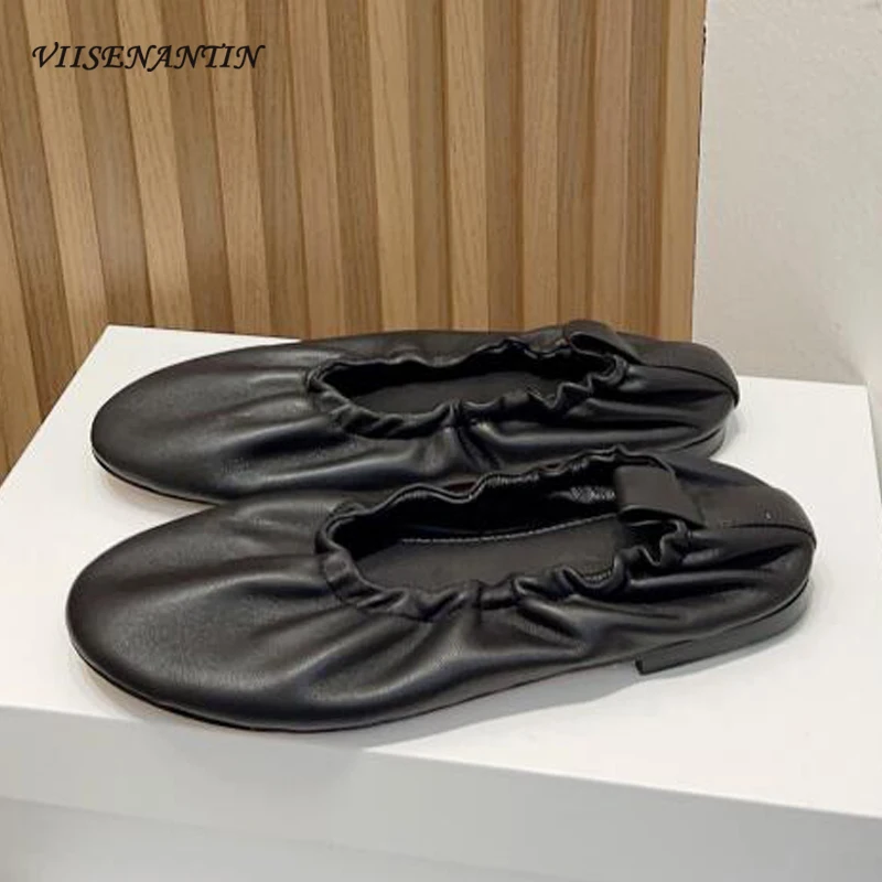 

Chic Fashion Ladies Flat Ballet Shoes Black White Real Leather Top Quality Shallow Mouth Slip on Ballerina Mules 2023 New Shoe