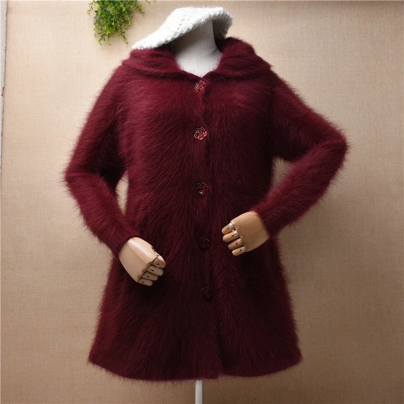 female women autumn winter clothing hairy mink cashmere knitted hooded loose cardigan angora rabbit fur coat sweater pull tops