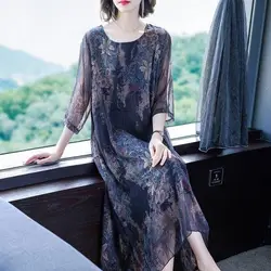 Elegant Vintage Women Floral Chiffon Dress Summer Half Sleeve Loose Big Size Y2k Female Clothing New Korean Fashion Midi Robe