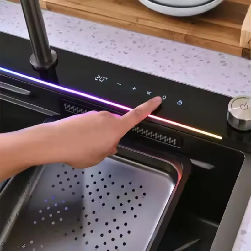 Modern smart kitchen sink AI voice control with apartment temperature adjustment