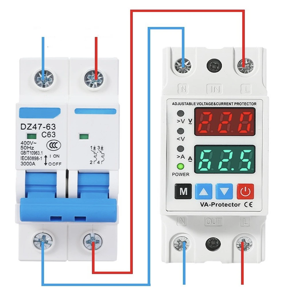 Din Rail Dual Display Adjustable Intelligent Over Voltage Current and Under Voltage Protective Device 40A 63A Protector Relay