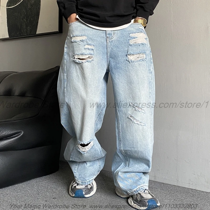 Casual Handsome Vintage Distressed Post-Apocalyptic Wasteland Style Ripped Light Blue Jeans Men Straight Loose Wide-Leg Pants