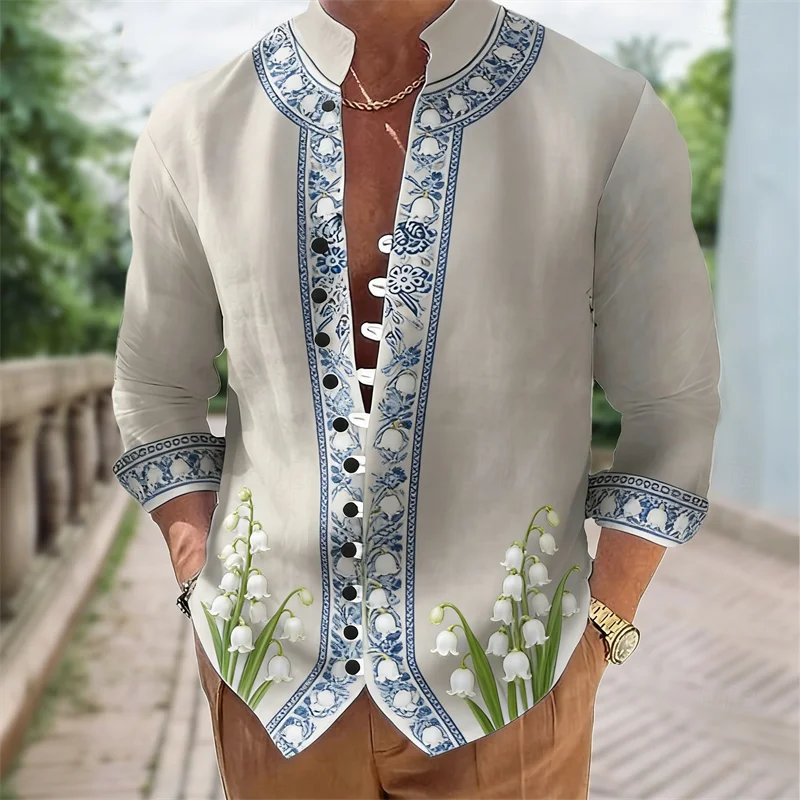 Flower, Digital Printing, Fashion Trend, Street Outdoor, High-Quality and Comfortable Men's Linen Short Sleeved Casual Shirt