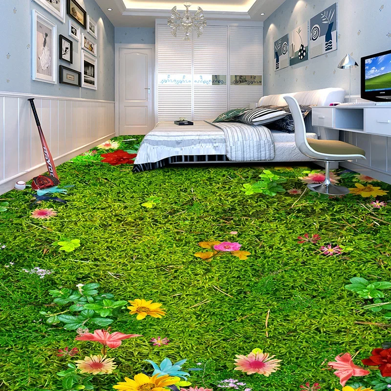 Custom 3D Floor Murals Flowers Grass Lawn Living Room Bedroom Balcony Waterproof Self-adhesive Floor Decor Mural PVC Wallpaper