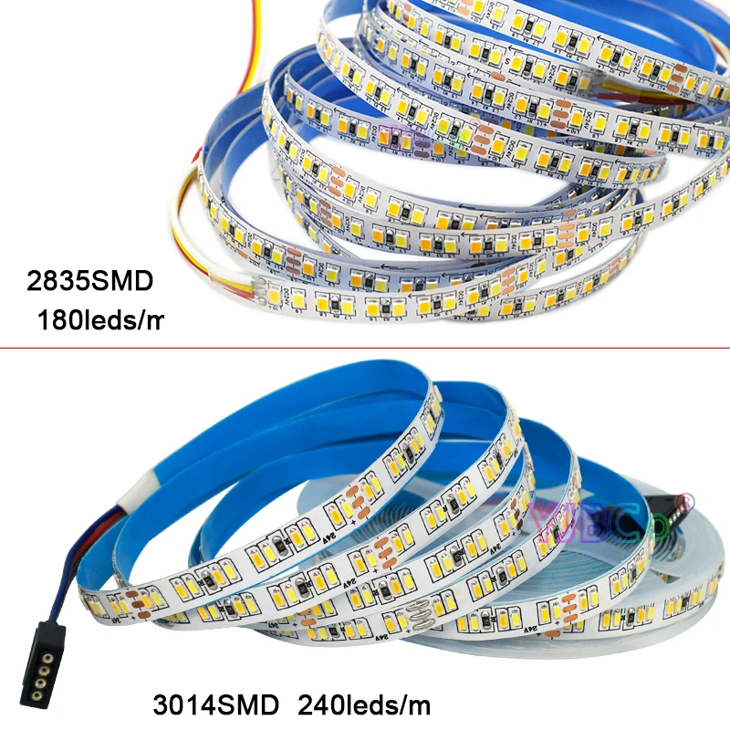 

5M CCT White+Warm white LED Strip DC 24V 180leds/m SMD 2835 3014 240leds/m Flexible LED Bar White PCB No Waterproof Lights Tape