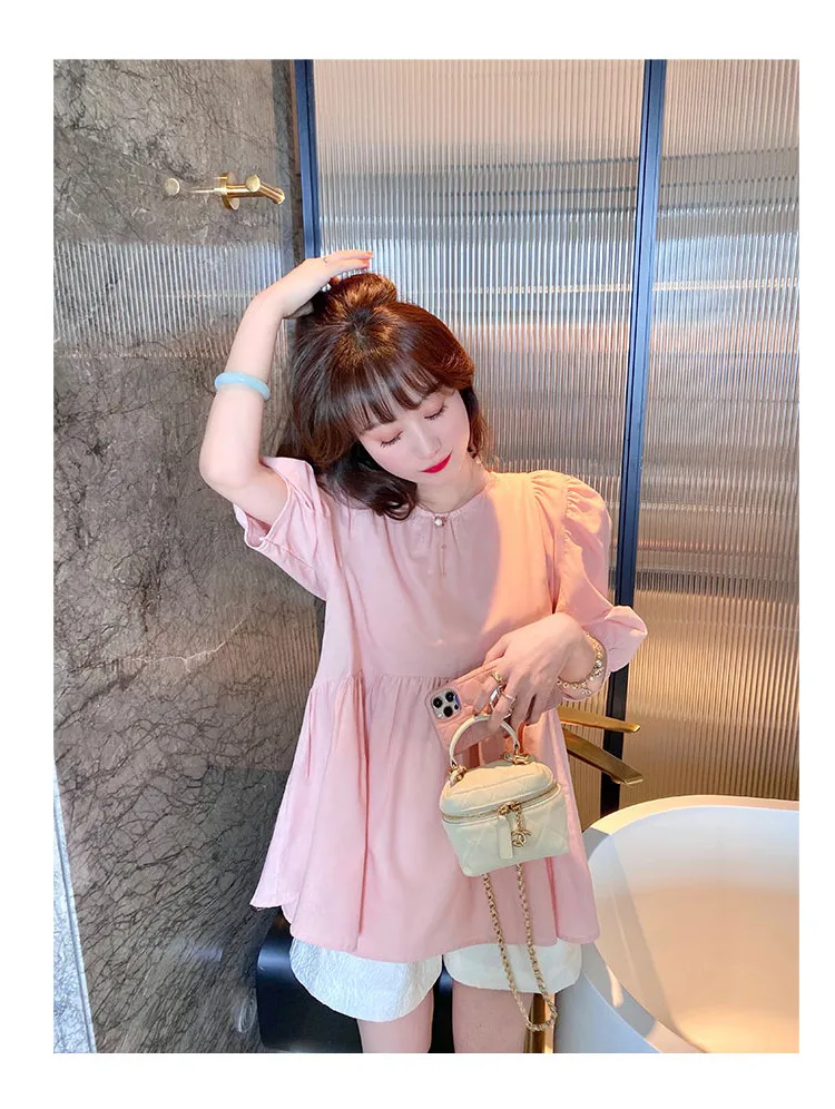 2024 Summer Maternity Pink Shirts Puff Sleeve O-neck Bowknot Hollow Out Backside Pregnant Woman Blouses Sweet Pregnancy Top Tees