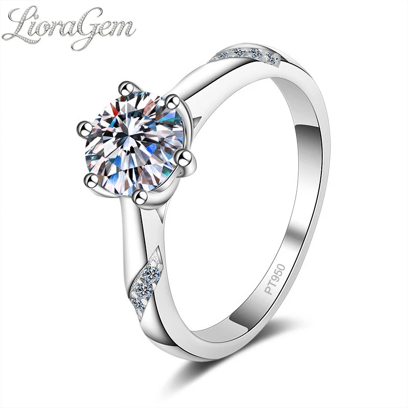

LioraGem Moissanite Six-prong Solitaire Ring, 0.5-1-2 Carat Moissanite Ring Platinum PT950 Stamp Engagement Fine Jewelry Gifts