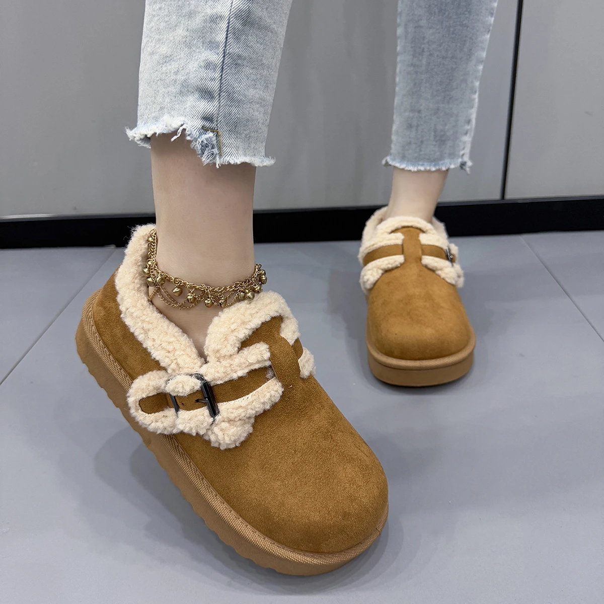 Women Boots 2025 New Fashion Faux Fur Shoes Women Thick Bottom Non Slip Ankle Boots Warm Metal Belt Buckle Snow Boots Women