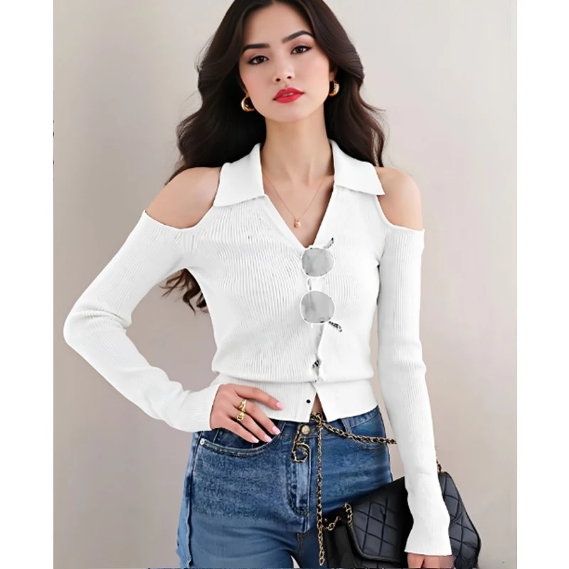 

Осенний модный кардиган с длинными рукавами и открытыми плечами, облегающий свитер с v-образным вырезом, элегантный женский вязаный топ, весенний сексуальный трикотаж