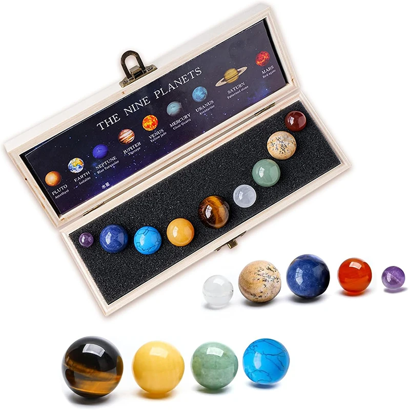

Natural Solar System Crystal Ball 9 Planets Wooden Box Set Crystal Rocks Mineral Decoration Gemstones Healing Crystal Balls Gift