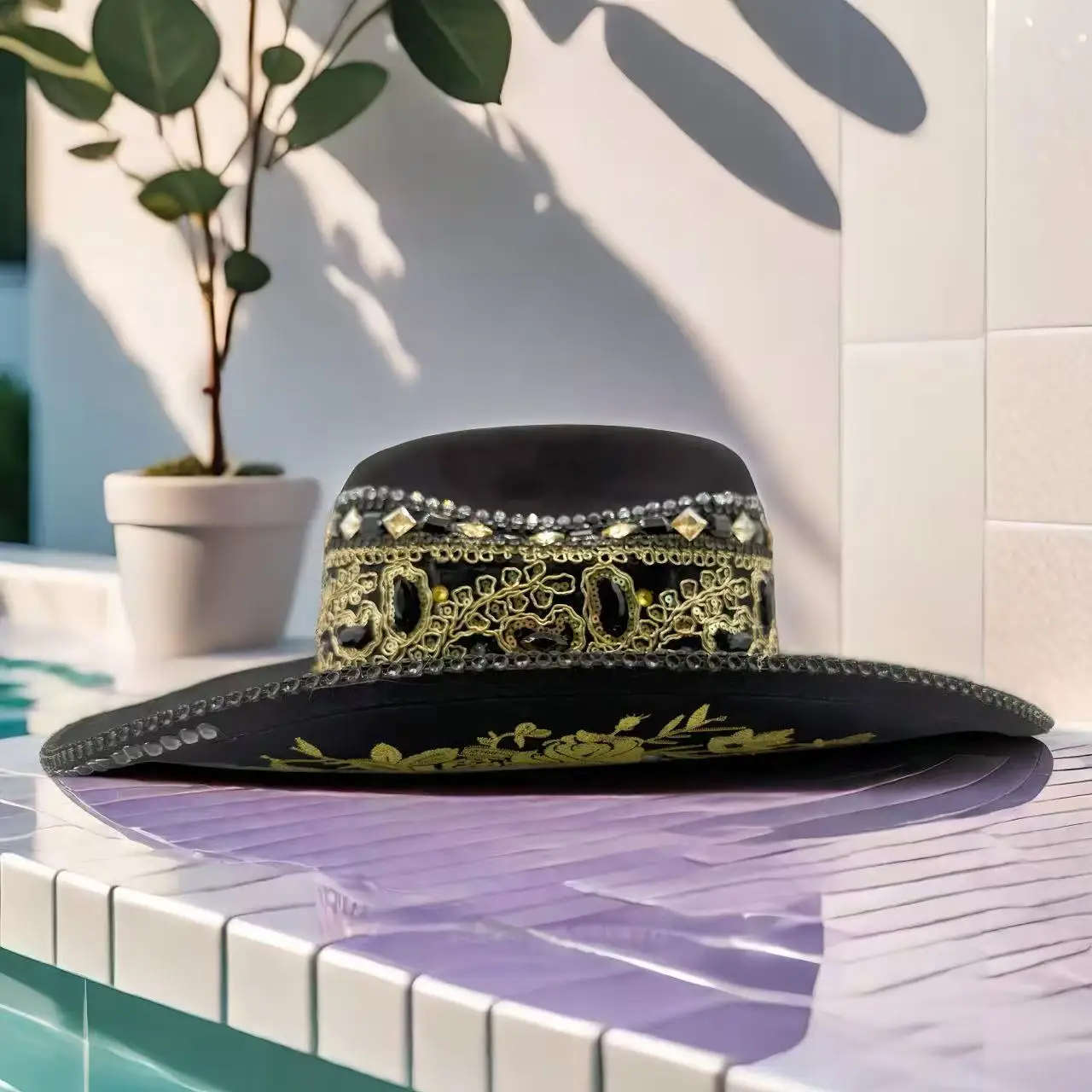 หมวกคอสตูมสีดำประดับกลิตเตอร์และหมวกคาวบอยประดับเพชรสำหรับผู้หญิง, อุปกรณ์เสริมคอสเพลย์คาวบอยหญิงและหมวกคาวเกิร์ล