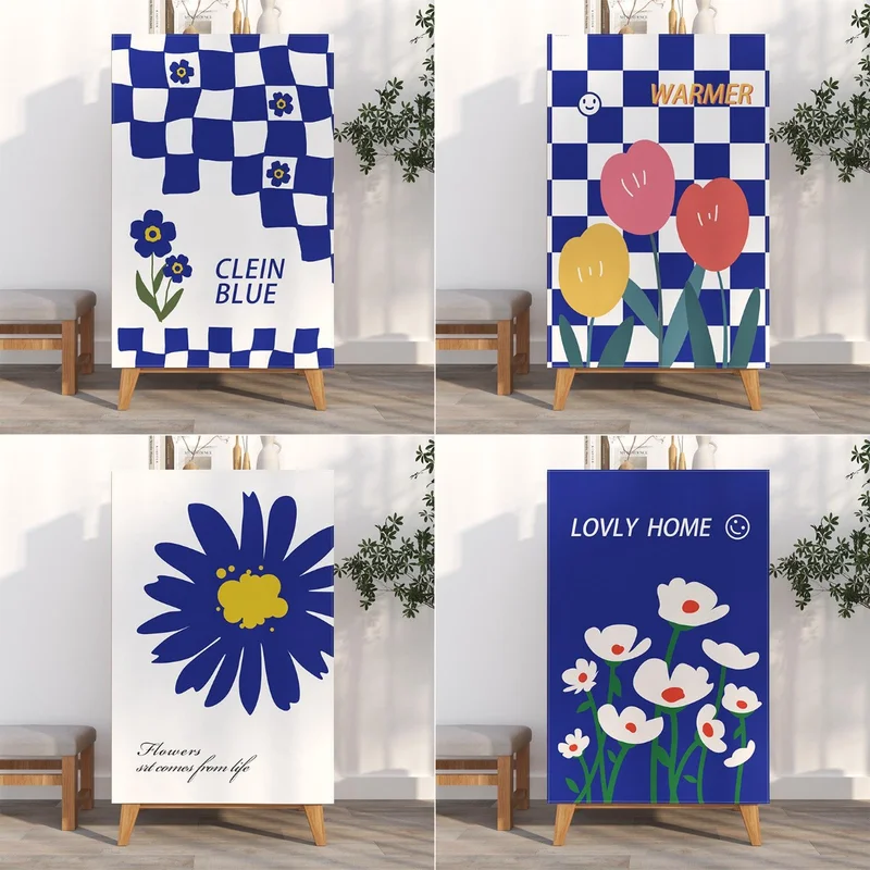 VIKAMA Nordic Cabinet Door Curtain Cover Blue White Checkered Tulip Daisy Print Furniture Dust Cover No Pole 2D Flat Print