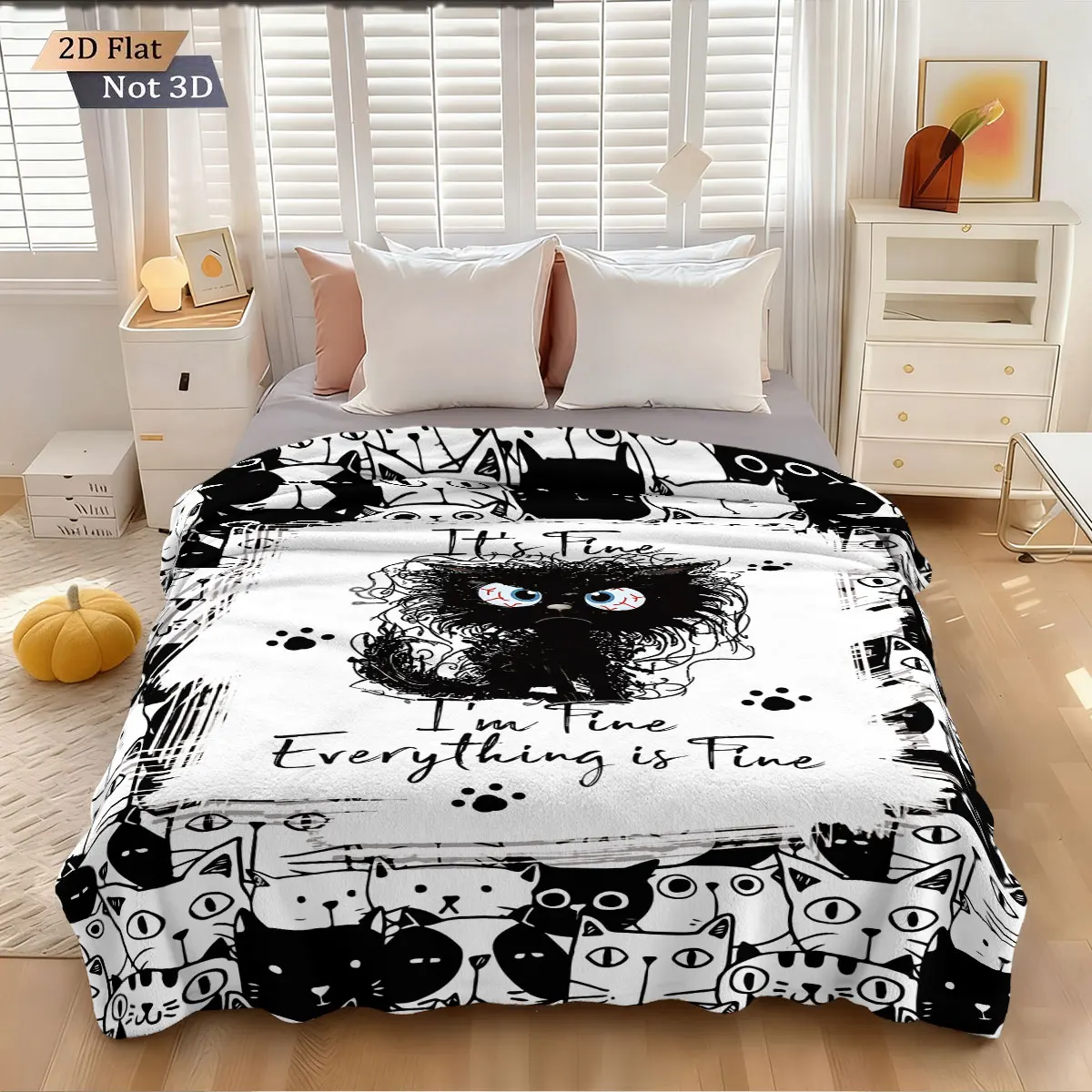 1pc Cartoon Line Black Kitten Print 230g Flannel Blanket Casual Nap Blanket Soft and Comfortable Multi Size Machine Washable