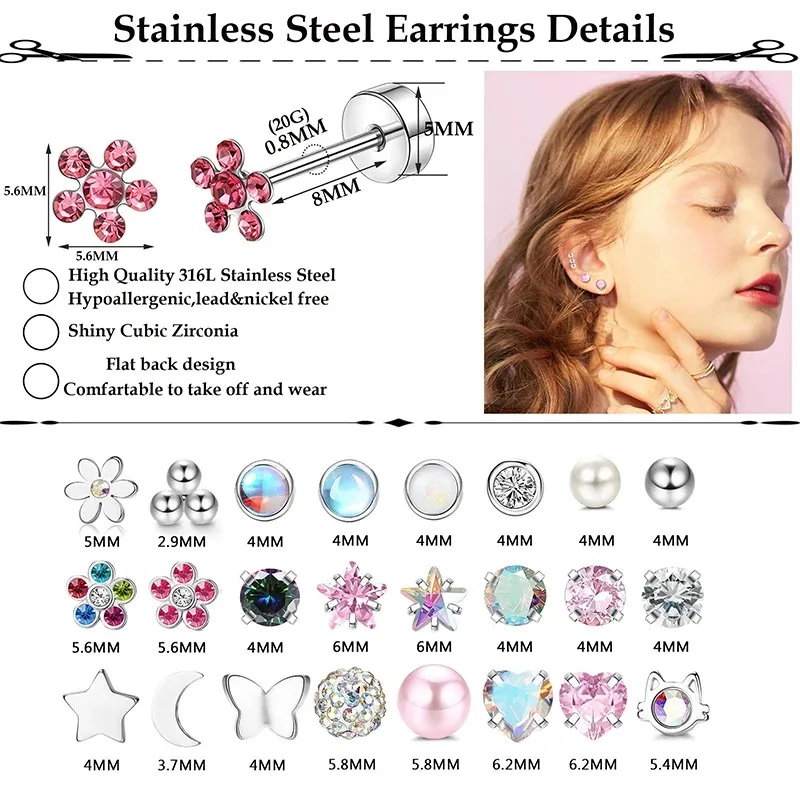 1 Pair Stainless Steel Hypoallergenic Round Zircon Tragus Cartilage Ear Piercing Opal Heart Flatback Stud Earrings Jewelry