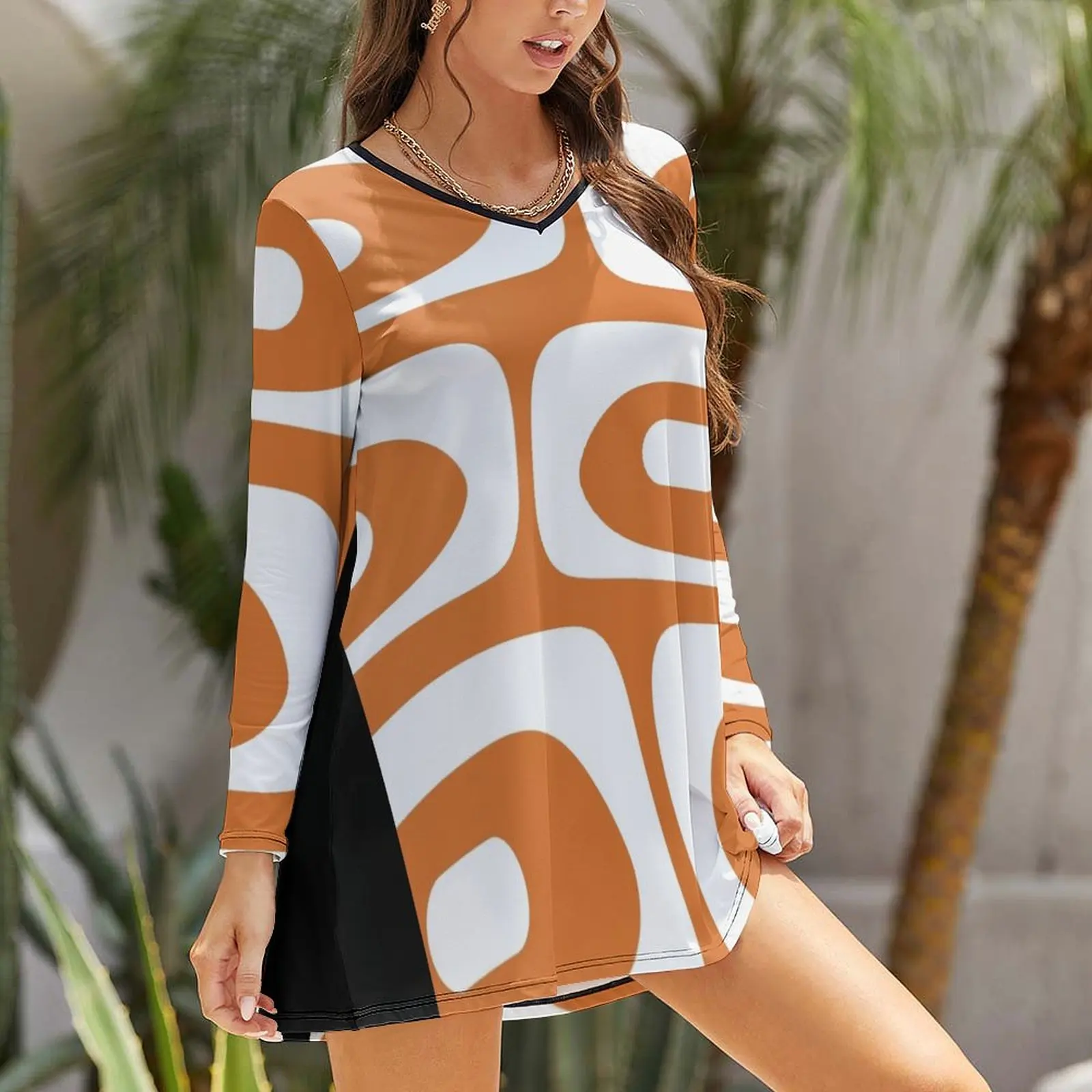 Vestido de manga larga holgado para mujer, Piqué moderno de mediados de siglo, patrón abstracto en naranja quemado y blanco, vestido de verano coreano