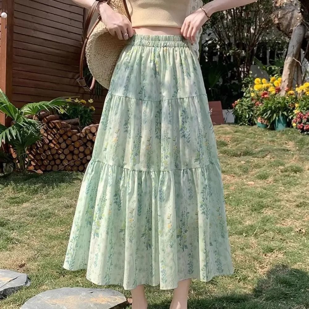 

Fashion High Waist Floral Long Skirt Women Flower Patchwork High Waist Long Skirt Thin Sweet A-line Tiered Skirt Party
