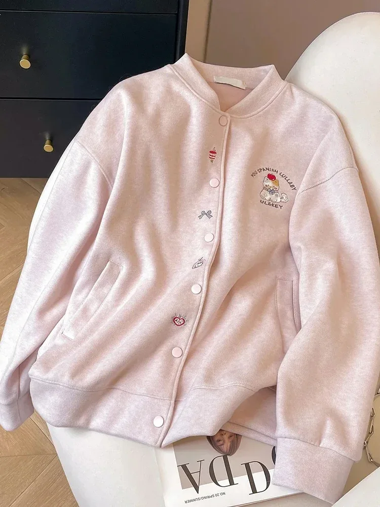 

Zoki Sweet Pink Women Cute Sweatshirts Vintage Long Sleeve Cartoon Embroidery Jacket Kawaii Japan O Neck Lady Preppy Style Tops