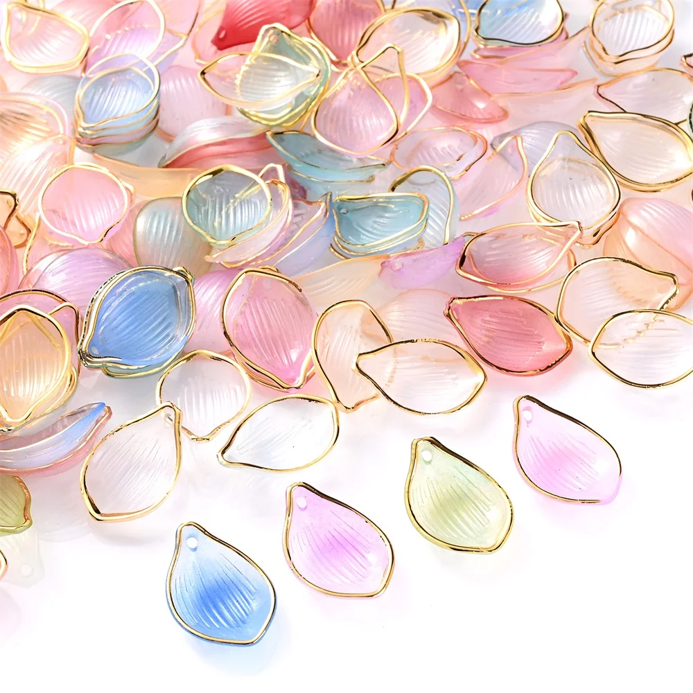 50pcs 15x22mm Multicolor Acrylic Flower Petal Beads Pendant Golden Edge Flower Beads For Jewelry Making Earring Necklace DIY