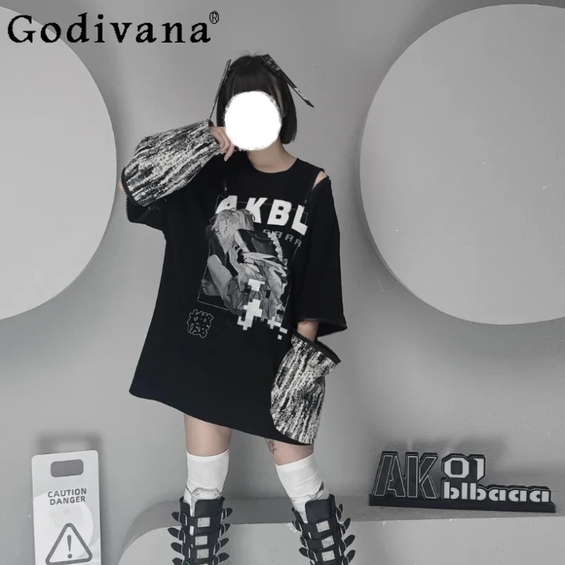 

Student Punk Oversize T-Shirts Spring and Summer 2025 Girls' Sweet Cool Fashion Anime Print Detachable Sleeve T-Shirt Top Women