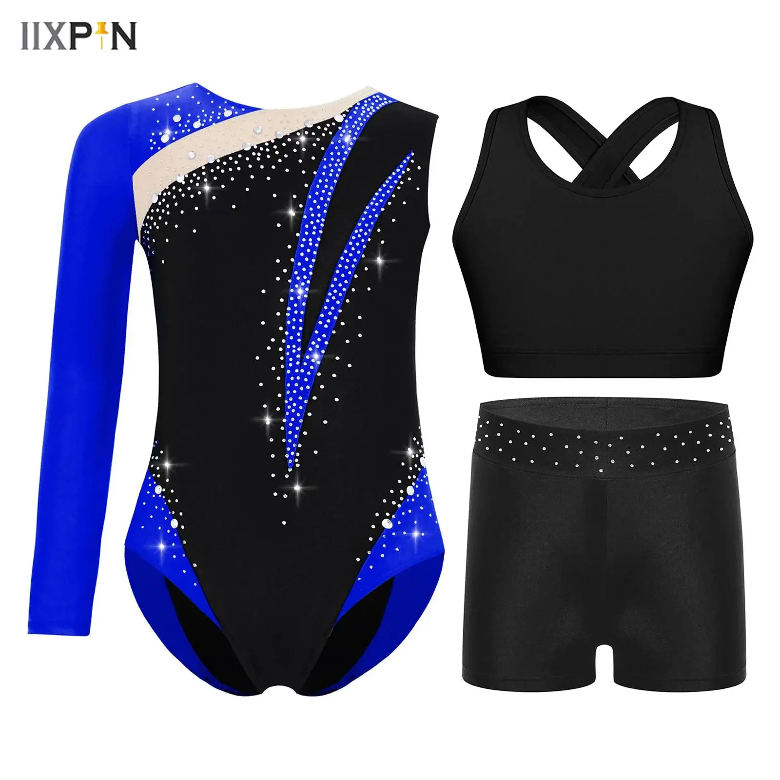 

Kids Girls Gymnastics Dance Figure Skating Outfit Shiny Rhinestones Color Block Asymmetrical Leotard+Vest Crop Top+Shorts 3Pcs