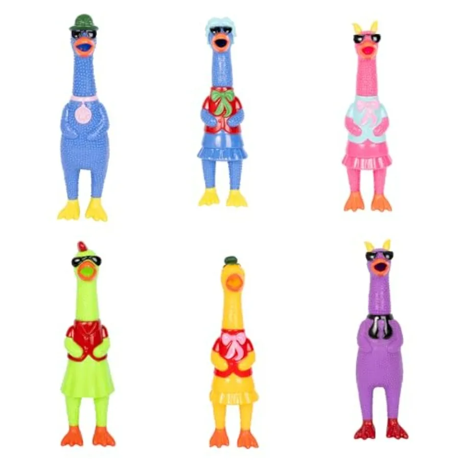 Screaming Chicken 12 squeeze toy for pranks and gag gifts, textured sensory design, assorted colors and funny outfits, loud scr