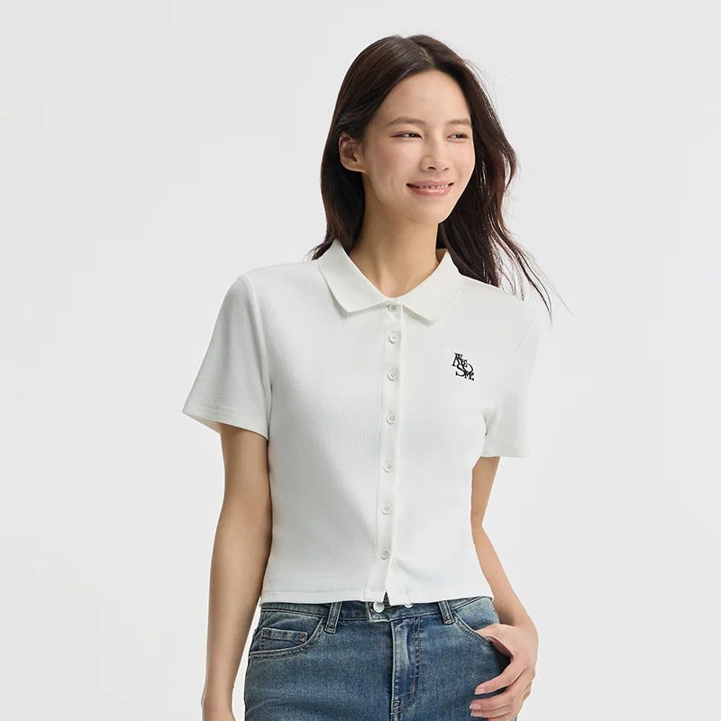 Semir Polo Shirt Women Short Embroidered Tops Small 2024 New Summer Letters Slim Cardigan Hundred With Simple