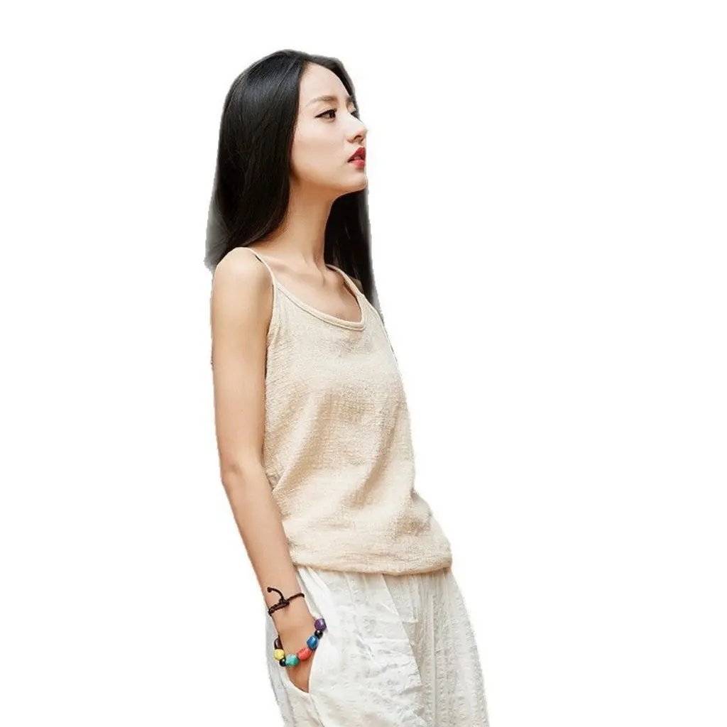 

Spring Summer Women's Slim Fit Camisole Cotton Linen Blend Read Baixiu Textile Retro Art Design Bamboo Thin Top for Ladies