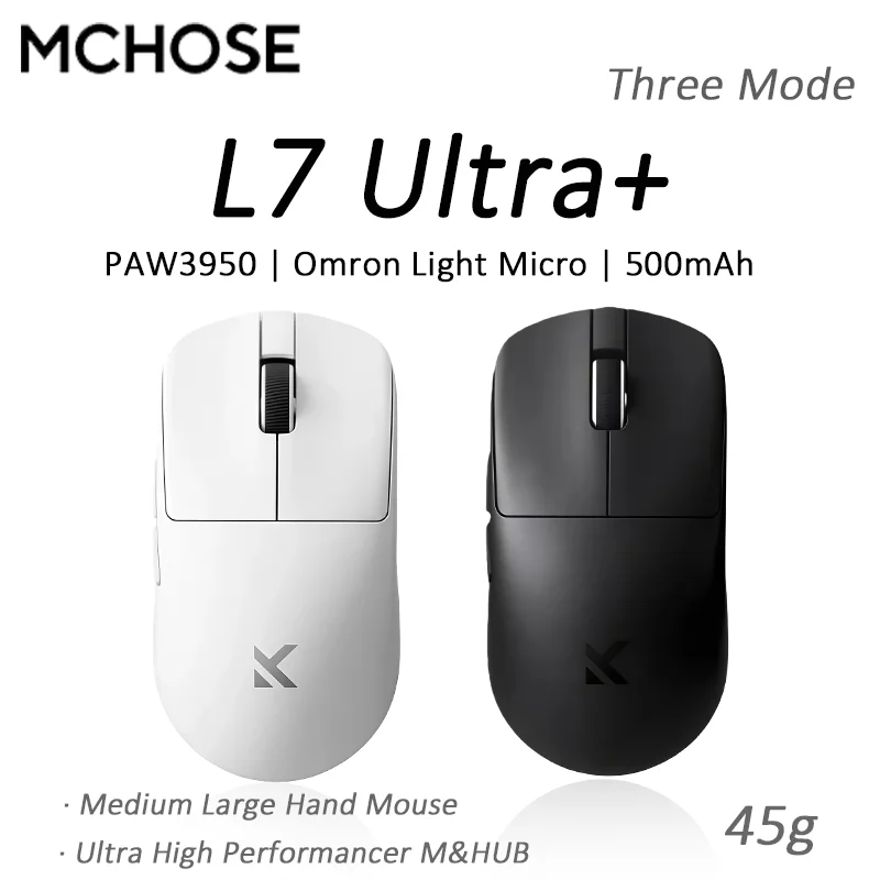 

Беспроводная игровая мышь MCHOSE L7 Ultra Plus с сенсором PAW3950, среднего размера, для больших рук, три режима подключения, легкая, для офиса и компьютера, с двойным приводом