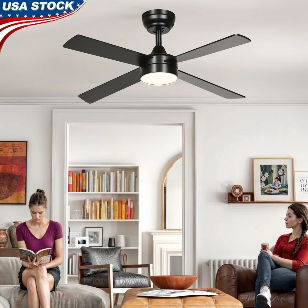 مروحة سقف LED سوداء حديثة مقاس 48 بوصة مع جهاز تحكم عن بعد متوافقة مع Alexa ومحرك هادئ قابل للعكس للاستخدام الداخلي والخارجي