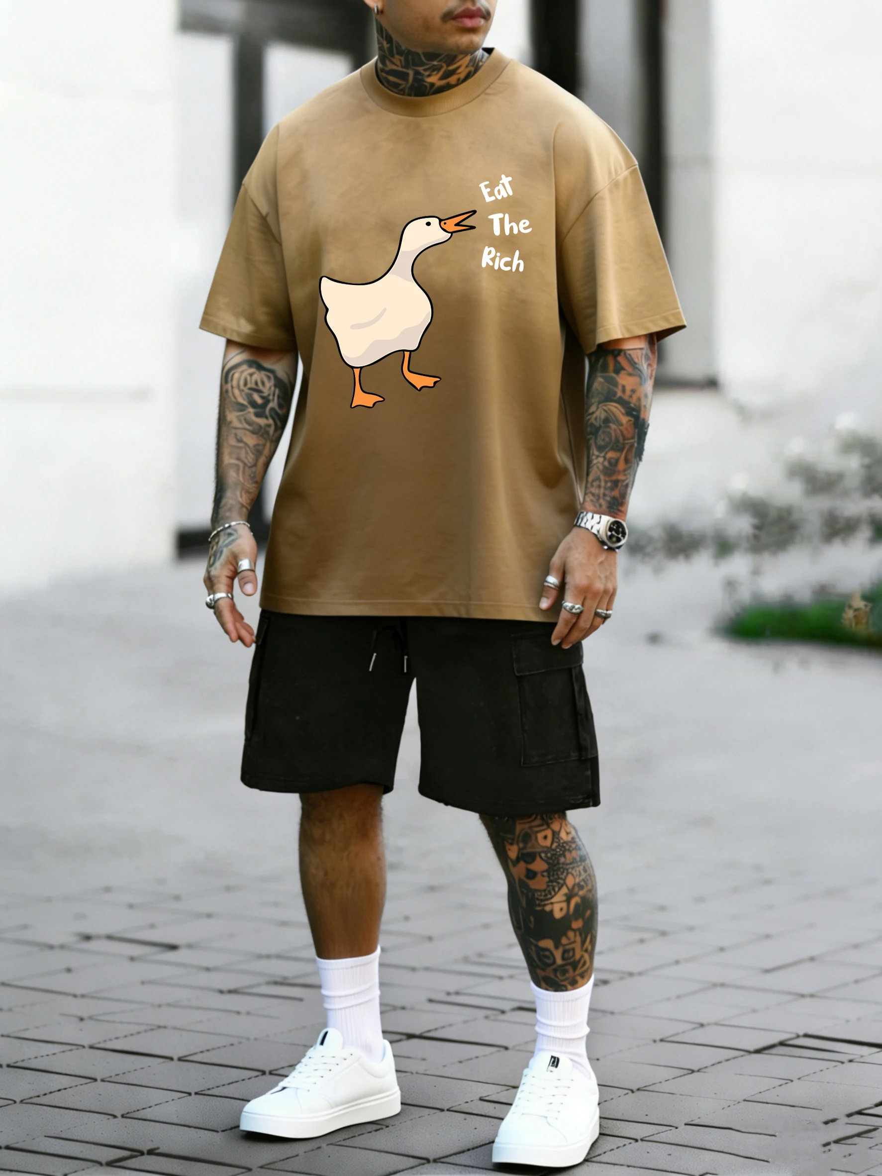 

Мужские футболки с принтом Eat The Rich Goose, хлопковые летние новые шорты с эффектом потертости, модный комплект шорт с эффектом тай-дай, унисекс, одежда с круглым вырезом