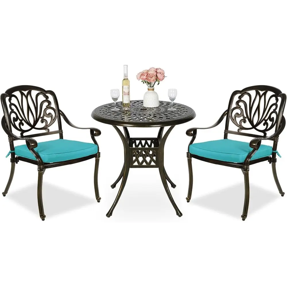 

All-Weather Outdoor Patio Bistro Set with 2 Cushioned Chairs and 31 Round Table, Ocean Blue