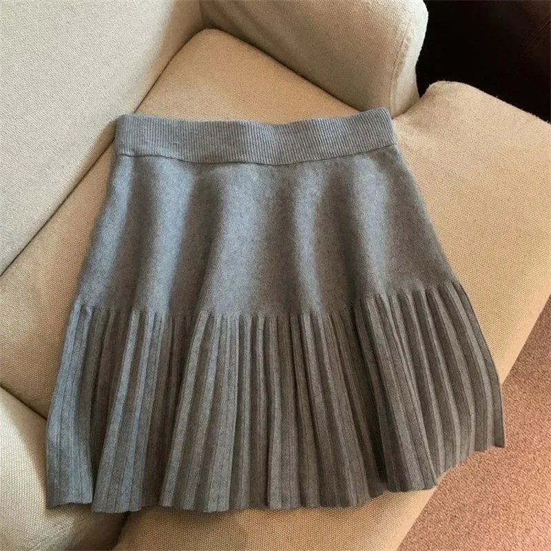 Young Ladies Korean Sweet Knitted Pleated Mini Skirt Elastic High Waist Solid A‑Line Short Skirt Casual Street Bottom Outfit