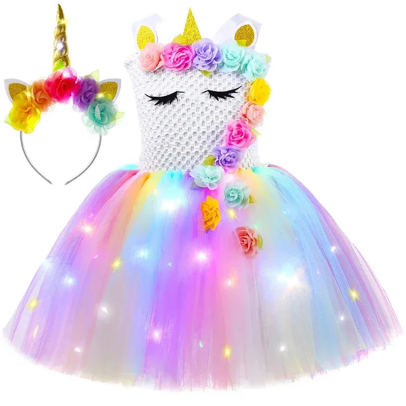 Girls Unicorn Princess Dress LED Light Up Birthday Party Kids Dresses for Girls Flowers Tutu Dress Halloween Costume Vestidos