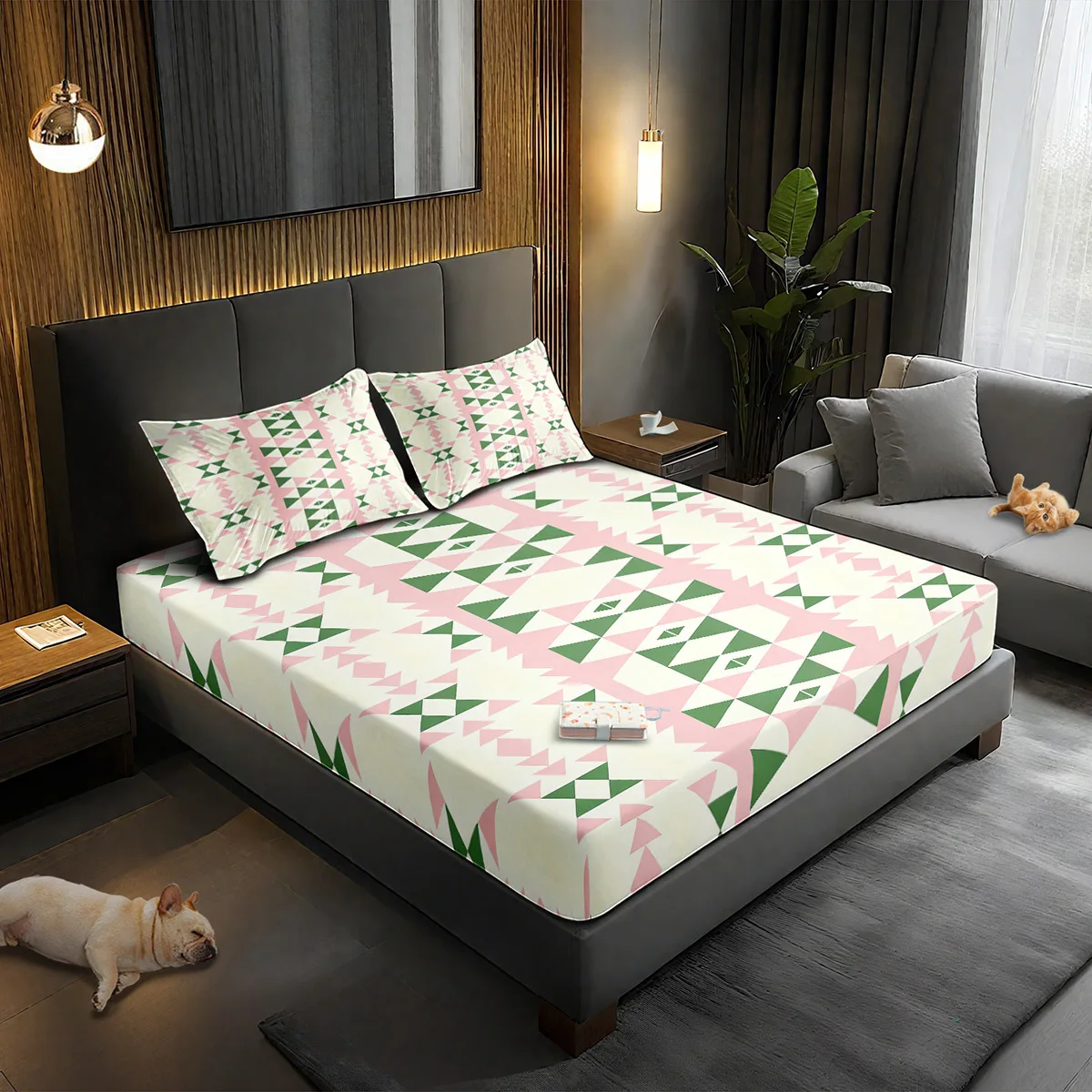 Geometric triangle fitted sheet set, all-season decorative mattress cover, animal pattern mattress protector, 2D printed bedding set, mattress protector, fitted elastic style, protective cover, mattress protector, cake and cookie design suitable for all seasons, machine washable design, holiday decoration, various sizes, breathable protective cover with pillowcase