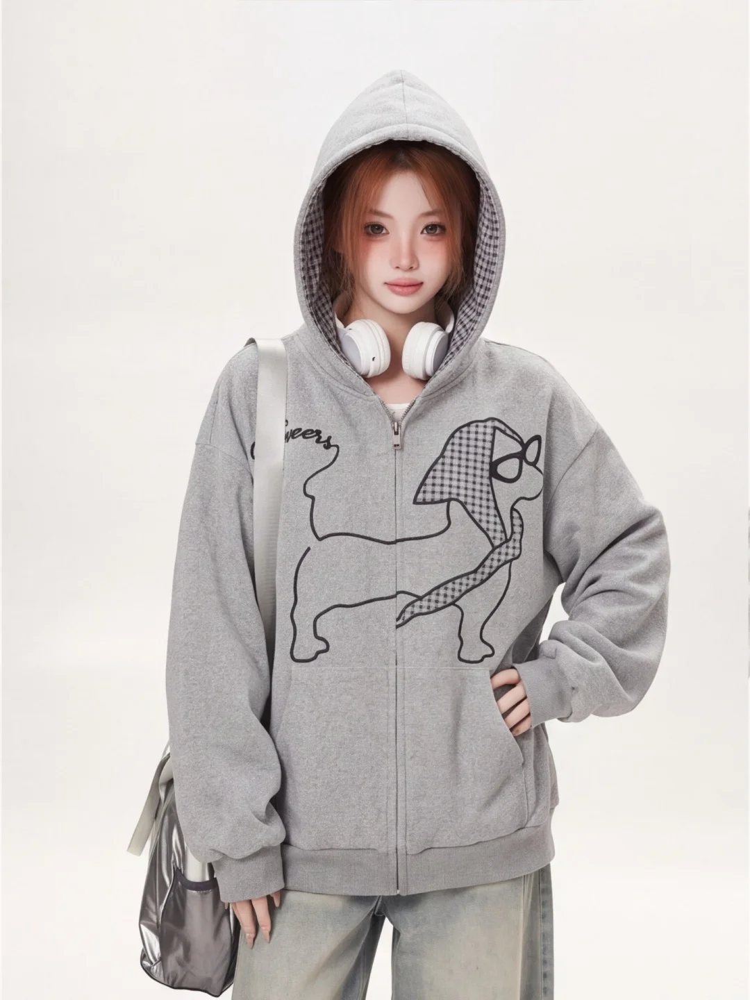Ant Korean Style Casual Loose Fit Hooded Cardigan Women's Autumn Outerwear Embroidered Doggie Inner Plaid Patterned Coat