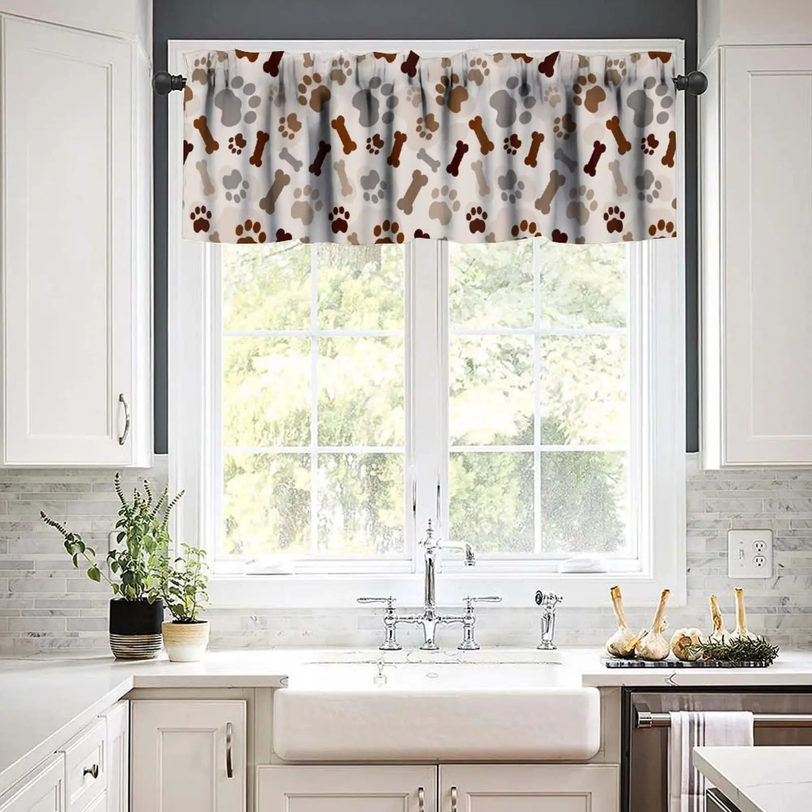 Dog Paw Valance Curtains Brown Tan Cute Puppy Footprint Bones Dog Lover Short Valance Kitchen Bedroom Living Room