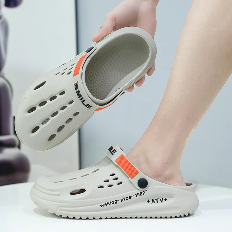 Thick Sole Hollow Slide Slippers for Men,EVA Non Slip Open Toe Sandals with Removable Shoe Ornaments,Indoor Outdoor