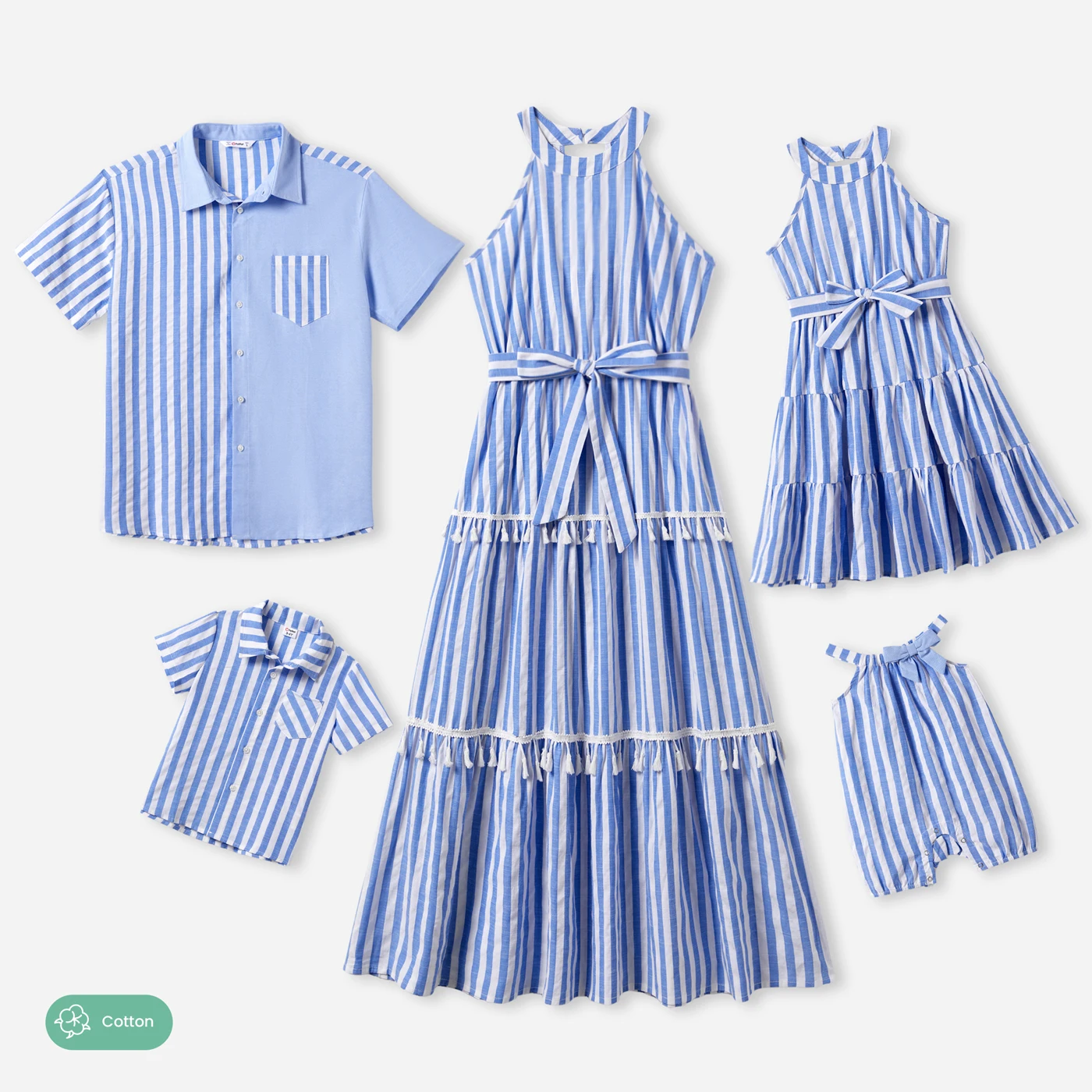 

PatPat Family Matching Stripe Shirt and High Neck Halter Tiered Tassel Trim Dress Sets